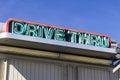 Neon Drive Thru Sign at a Fast Food Restaurant I Royalty Free Stock Photo
