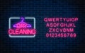 Neon dry cleaning glowing sign with hanger and alphabet template. Cleaning service signboard design. Royalty Free Stock Photo