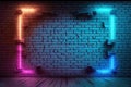 Neon effects in a dark bricks wall and a old wooden shiny floor background Generative AI Illustration Royalty Free Stock Photo