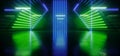 Neon Electric Cyber Laser Sci Fi Futuristic Hallway Stage GReen Blue Glowing Triangle Shaped Arc Concrete Reflective Floor Alien