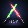 Neon electric light swords. Crossed light sabers isolated on darck background. Vector illustration Royalty Free Stock Photo