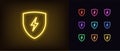 Neon electric shield icon. Glowing neon shield with lightning sign, outline charge pictogram