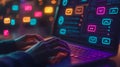 Neon email icon digital interface data security cyber communication computer screen coding night office colorful light glow Royalty Free Stock Photo