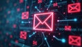 Neon email icons in digital space, blue and red, perfect for tech communication themes Royalty Free Stock Photo