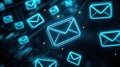 Neon email icons floating in digital space Royalty Free Stock Photo