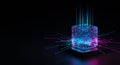 Neon energy cube on a dark digital processor Royalty Free Stock Photo