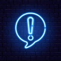 Neon exclamation mark. Glowing quiz banner. Color neon banner on brick wall. Realistic bright night signboard. Exclamation mark