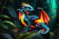 Neon Fantasy: Baby Dragon Perched Atop a Craggy Boulder with Unfurled Wings, Illuminating the Surroundings Royalty Free Stock Photo