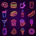 Neon fast food. Glowing icon for cafe and bar street sign with burger, popcorn, hot dog, coffee and pizza. Cocktail and Royalty Free Stock Photo