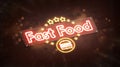 Neon fastfood burger sign dark stone wall, glowing font mockup