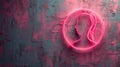 Neon female silhouette light in circle on textured wall