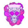 Neon festive sugar skull illustration with doodle patterns, roses and ribbon. The day of the Dead. Los Muertos. Royalty Free Stock Photo
