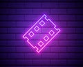 Neon filmstrip isolated on brick wall background. Bright glowing film frame. Movie, cinema, photography concept. Vector