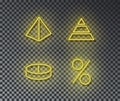 Neon finance pyramid signs vector isolated on brick wall. Pyramid, diagram, percent light symbol, de