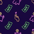 Neon Finance Seamless Pattern, Glowing Dollar Bills and Pink Piggy Bank Design. glowing desktop icon, neon sticker, neon Royalty Free Stock Photo