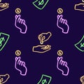 Neon Finance Seamless Pattern, Hand Tossing Coin, Giving and Receiving Money, Dollar Bills. glowing desktop icon, neon Royalty Free Stock Photo