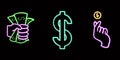 Neon Finance Set, Dollar Bill, Hand, Coin. glowing desktop icon, neon sticker, neon figure, glowing figure, neon