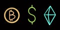 Neon Finance Set, Ethereum, Gold Coin, Dollar Sign. glowing desktop icon, neon sticker, neon figure, glowing figure