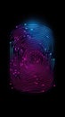 Neon fingerprint on black background, high-tech digital security and biometric identification