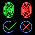 Neon fingerprint icon with signs approved and not approved