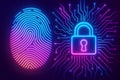 Neon Fingerprint and Padlock Security Concept with Circuit Board Background digital Royalty Free Stock Photo