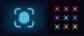 Neon fingerprint scanner icon. Glowing neon thumbprint sign, outline finger print recognition and identify pictogram