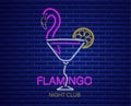 Neon flamingo cocktail sign Vector. Summer exotic banner Vector. Night club poster label. Bright glowing signboards