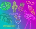 Neon flamingo, cocktails and palm leaves summer tropic banner Vector. Night club poster label. Bright glowing signboards