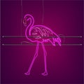 Neon flamingo sign with supports Vector. Night club poster label. Bright glowing signboards with lights
