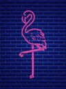 Neon flamingo summer banner Vector. Night club poster label. Bright glowing signboards