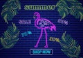 Neon flamingo summer tropic banner Vector. Night club poster label. Bright glowing signboards