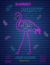 Neon flamingo summer tropic banner Vector. Night club poster label. Bright glowing signboards