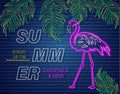 Neon flamingo summer tropic banner Vector. Night club poster label. Bright glowing signboards