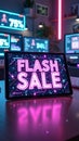 Neon flash sale advertisement on tablet in modern office setting Royalty Free Stock Photo