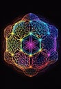 Neon flower of life in the shape of a geometric hexagon. AI Generated