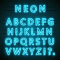 Neon font text. blue english Lamp. Alphabet . Vector illustration Royalty Free Stock Photo