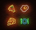 Neon food signs vector isolated on brick wall. Pizza, cheese, egg fried, plate