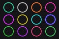 Neon frame button circle set. Glowing coloful round border. Geometric shape action UI elements with copy space. Purple