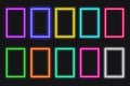 Neon frame door rectangle set. Glowing coloful rectangular border. Geometric shape action UI elements with copy space Royalty Free Stock Photo