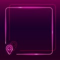 Neon frame with geo location pin icon on dark purple gradient background. Square textplace template Royalty Free Stock Photo