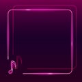 Neon frame icon of pink musical note on dark purple gradient background. Square textplace template. Music, sound, melody concept. Royalty Free Stock Photo