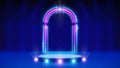 Neon frame, led arch, podium, stage. Background, backdrop for displaying products. Light led lines. Blue pink purple neon arch,