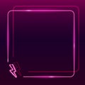 Neon frame with lightning bolt icon on dark purple gradient background. Square textplace template. Power, energy, thunder concept Royalty Free Stock Photo