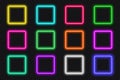 Neon frame square set. Glowing coloful rounded rectangle borders. Geometric shape action button UI elements with copy Royalty Free Stock Photo
