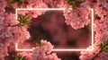 Neon frame surrounded by vibrant pink cherry blossoms with a dreamy atmosphere Royalty Free Stock Photo