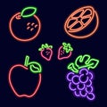 Neon fruits: orange, strawberry, apple, grapes.