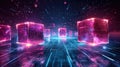 Neon futuristic blockchain cubes in digital space with glowing pink and blue lights