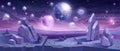 Space background, alien planet landscape, vector cartoon fantasy game banner, cosmic purple rocks.