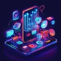 Neon futuristic mobile interface with digital icons displaying e-commerce elements
