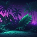 Neon Futuristic Modern Fresh Summer Night Club Beach Sand And Ocean Tropical Palm Plant Podium Stage Dance Party Lights Royalty Free Stock Photo